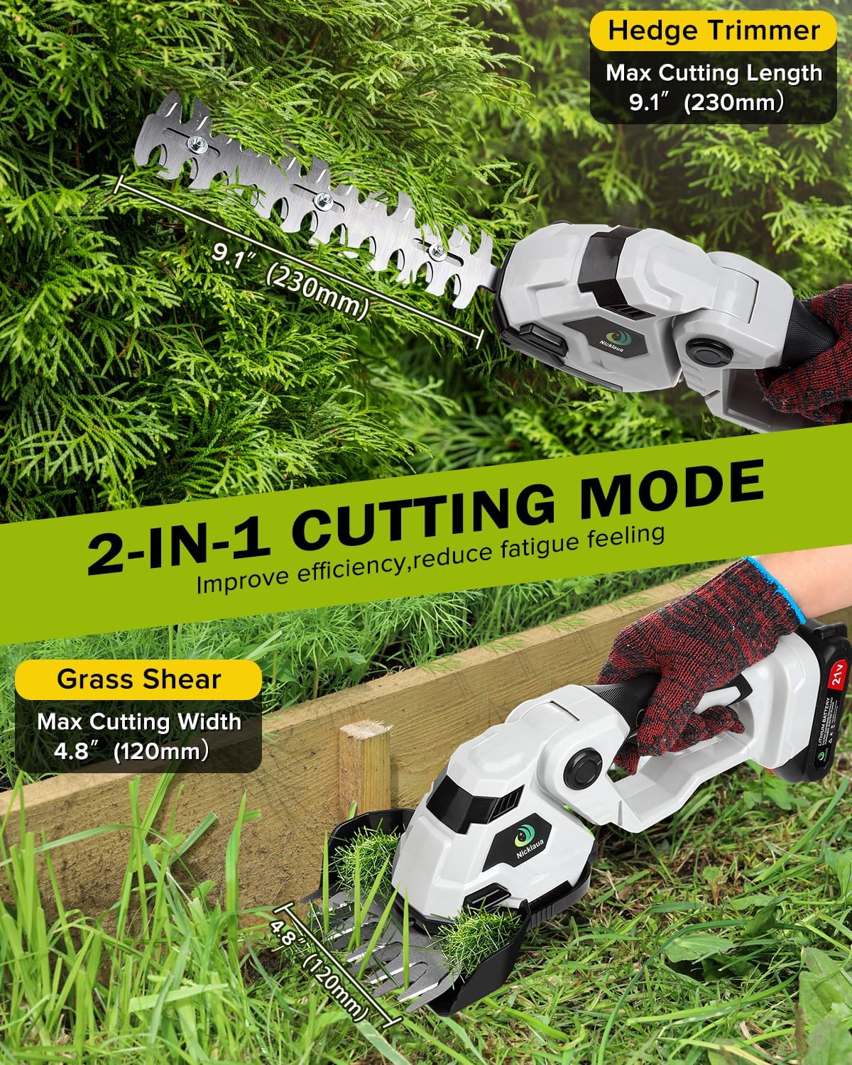 Cordless Hedge Trimmer,2 in 1 Cordless Grass Shear & Hedge Shear/Shrubbery Trimmer with Dual-Action Blade Cutting Capacity,Hedge Shear with 2 PCS Rechargeable Battery and Charger for Garden,Lawn