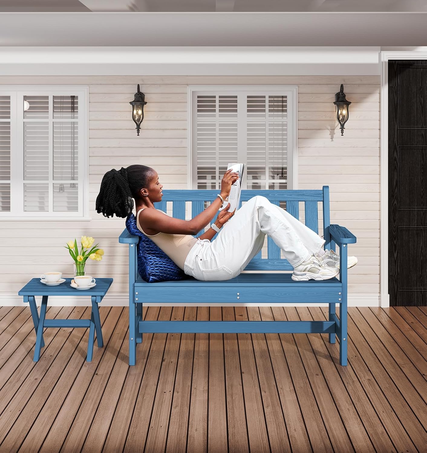 SERWALL HDPE Outdoor Benches Weatherproof, 2-Person Garden Bench with 660 lbs Weight Capacity, Patio Benches for Outdoors, Garden, Porch, Park, Navy, 2 Pack