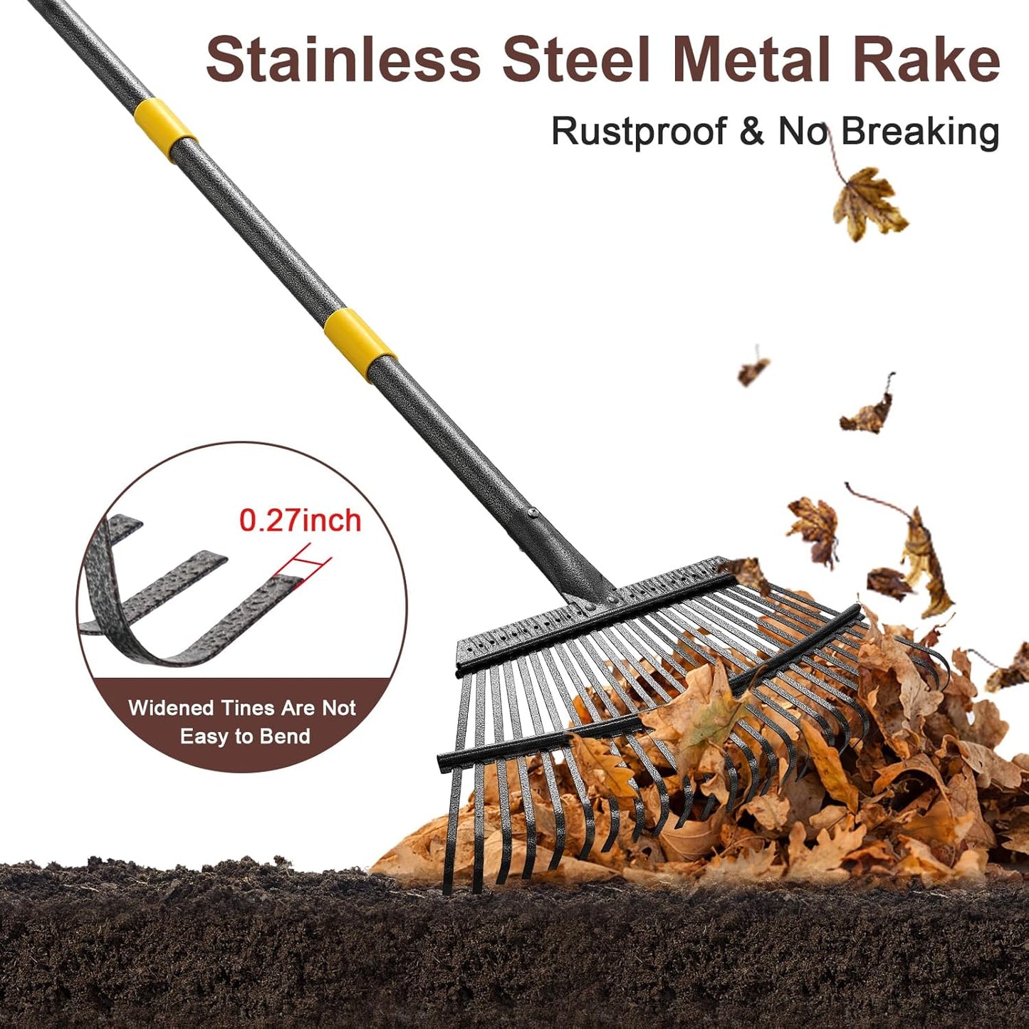 Metal Garden Rake, 6FT Rake for Leaves Lawns, 25 Metal Tines 18 inch Wide with Adjustable Handle Heavy Duty Yard Leaf Rakes for Gardening