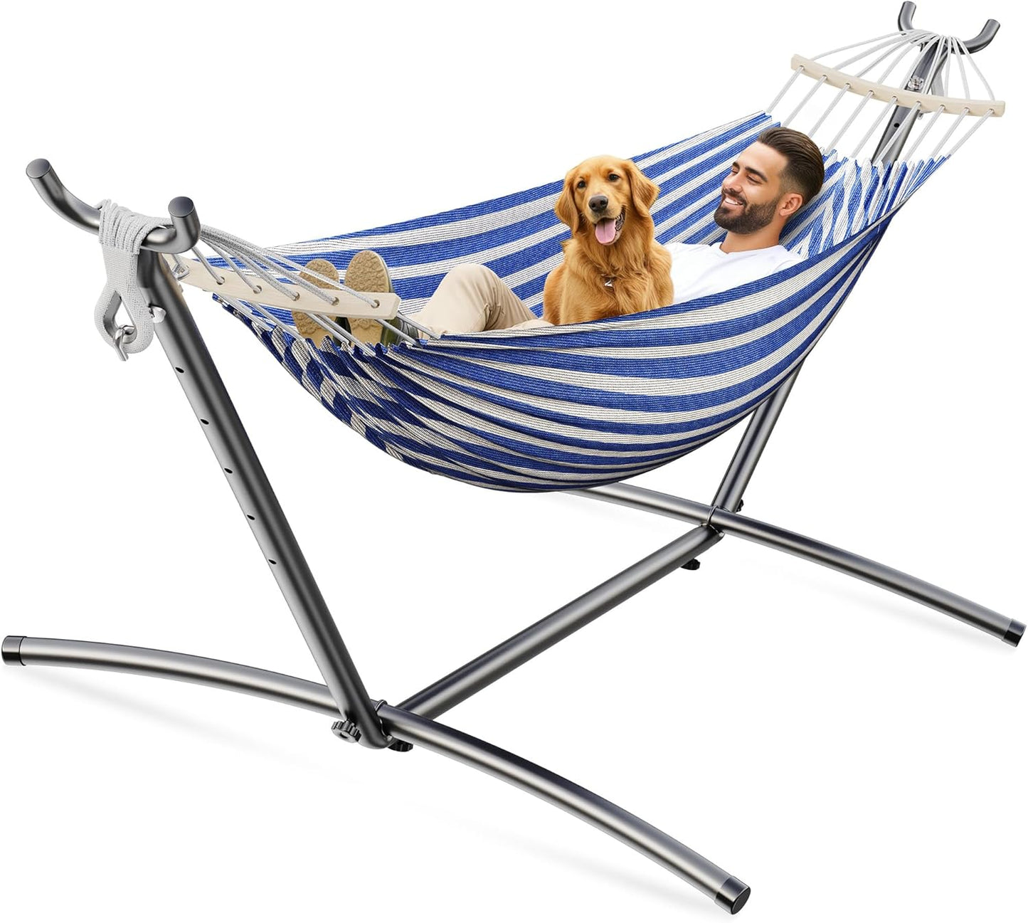 Double Hammock, Heavy Duty Portable, 500 lb Weight Capacity, Perfect for Both Indoors and Outdoors, 2 Person Hammock with Carrying Bag, Blue White