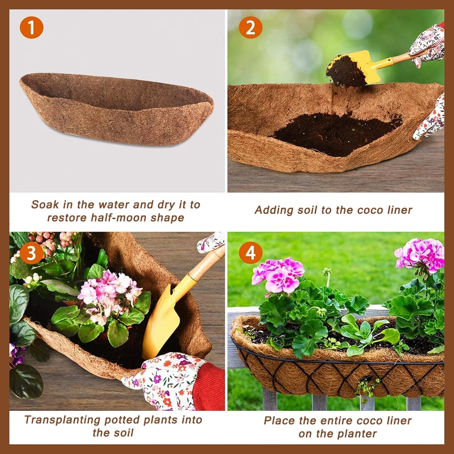 2-Pack Coconut Liners for Planters 30 inch, Half-Moon Shape Window Box Liners Coconut Planter Liners Replacement, Trough Coco Liners for Planters Flower Baskets