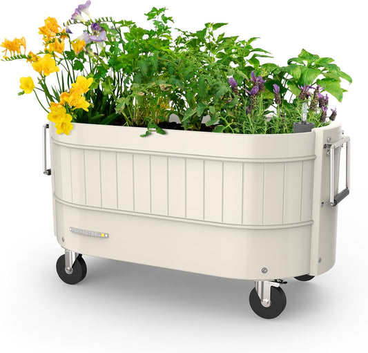 Permasteel Self-Watering Garden Bed, Rolling Planter for Vegetables, Flowers, Herbs, and Fruit, Outdoor Indoor, Caster Wheels, Ivory