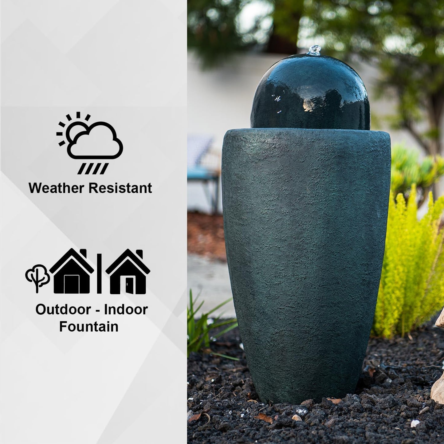 XBrand 25.98" H Round Stone Indoor/Outdoor Modern Stone Textured Sphere Water Fountain w/LED Lights Dark Green