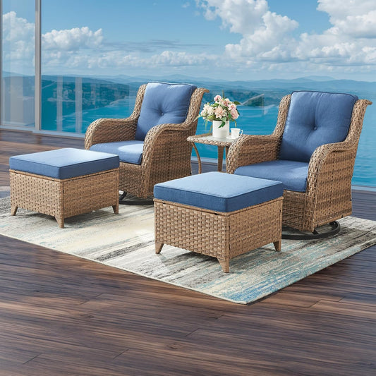 Outdoor Wicker Patio Furniture Set - 5 Pieces Rattan Patio Conversation Set with 2 Rocking Swivel Chairs,2 Ottomans and 1 Side Table for Porch Deck Backyard Garden(Yellow/Blue)