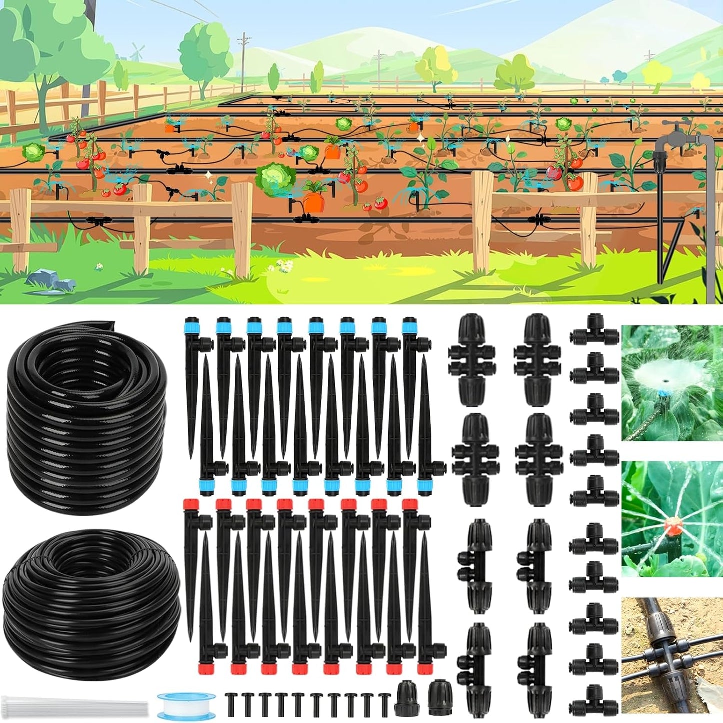 Drip Irrigation System – 2025 Upgraded Garden Watering System with 46FT 1/2'' Tubing, New Quick-Connect 1/4 inch Fittings Automatic Sprinkler for Garden Lawn Greenhouse Plant Flower Bed