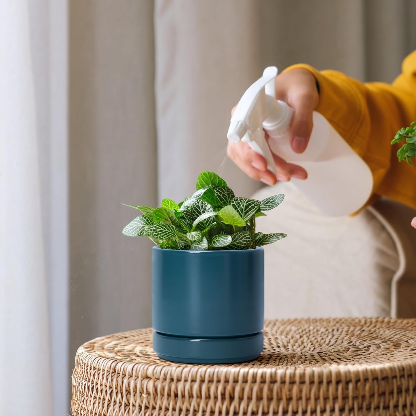 D'vine Dev 3 Inch & 4 Inch & 6 Inch, Set of 3 Round Ceramic Planter Pot with Drainage Hole and Saucer, Teal, 94-T-S-9