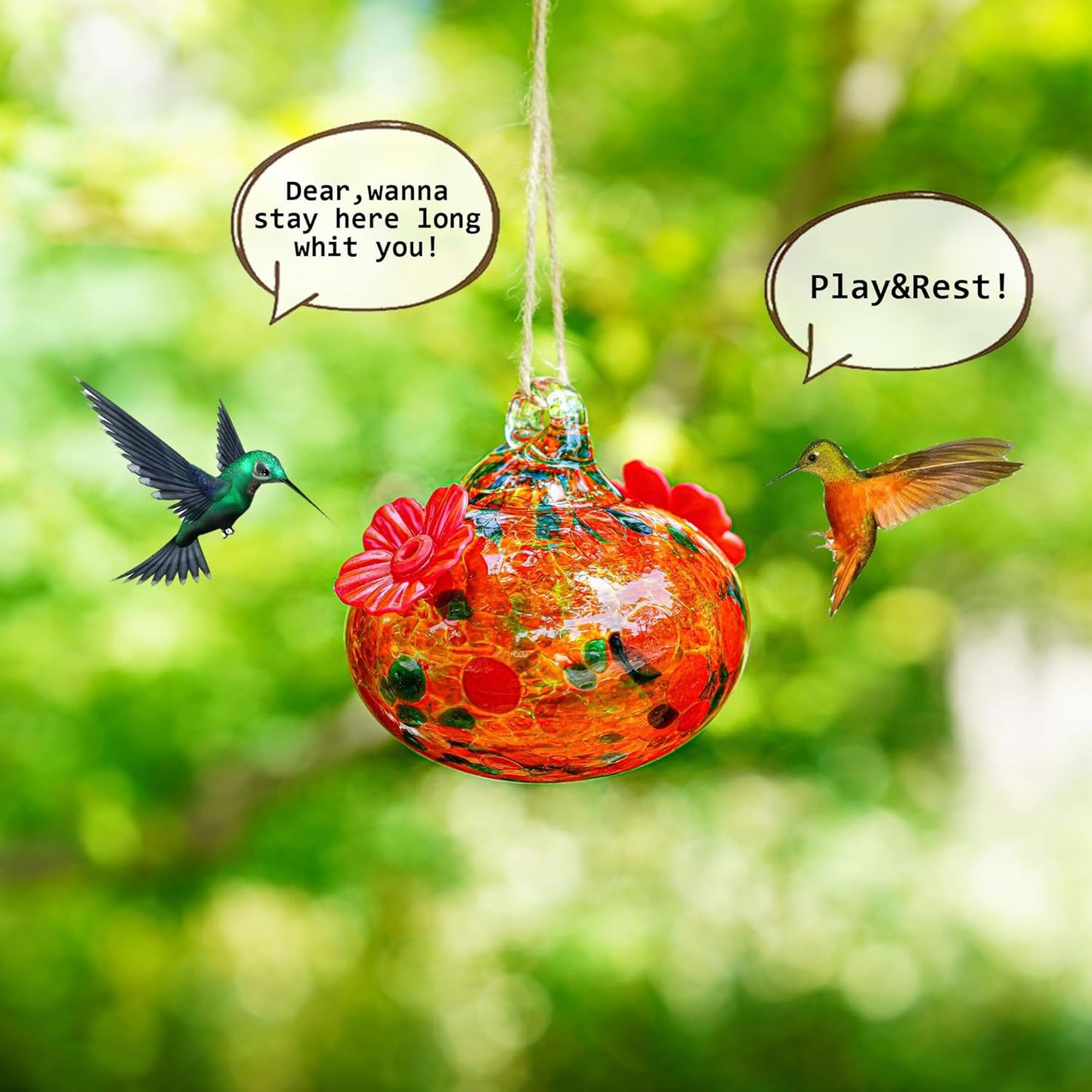 Small Colorful Hummingbird Feeder Glass for Outdoors Window Hanging Blown Glass Hummingbirds Feeders for Outside with 2 Feeding Ports Ant and Bee Resistant Humming Birds Feeder Gifts for Women