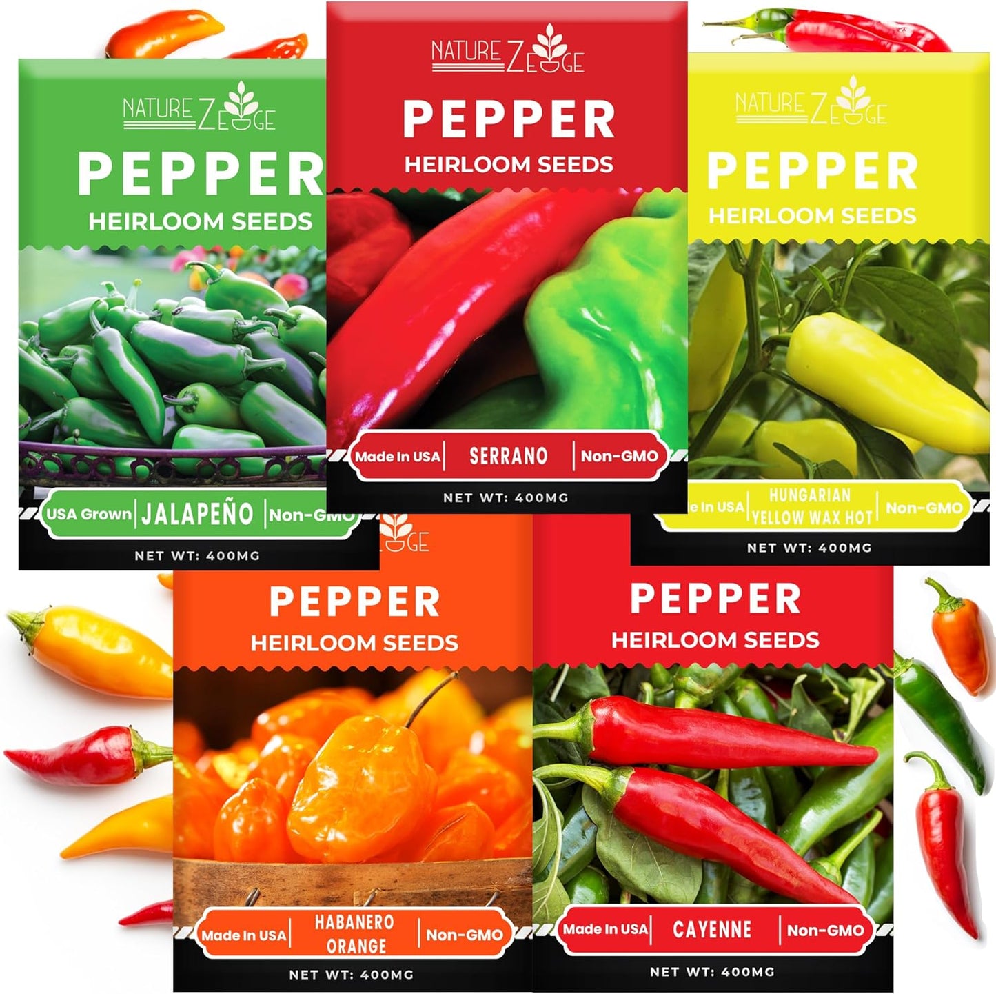 Hot Pepper Seeds for Planting, Cayenne, Hungarian Yellow, Jalapeno, Serrano, Habanero Orange, Heirloom Pepper Seeds Variety Pack, NonGMO, Made in USA
