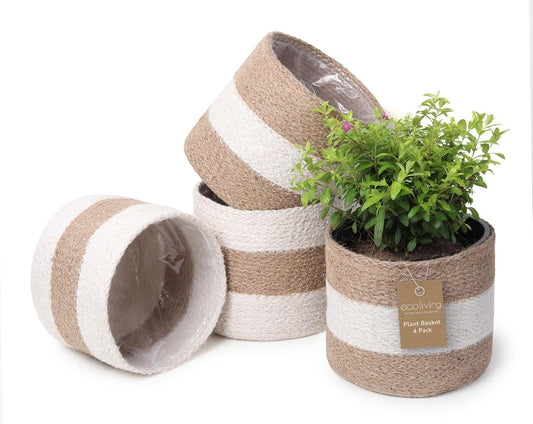 Jute Planter Basket Sustainable Woven Rope Covers for Decorating Indoor/Outdoor Plants Pots 6.5x6.5x6 Inches Ideal Size for 6" Planter-Multi-Purpose Storage Set of 4 White & Natural Jute