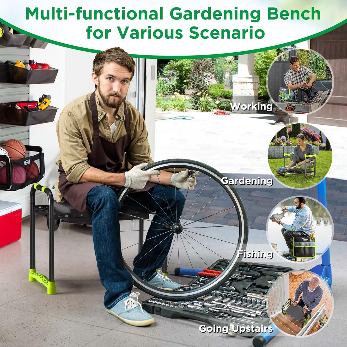 10.8” Wide Garden Kneeler and Seat, Heavy Duty Foldable Gardening Stool with Tool Belt Pouch, Portable Gardening Bench Chair for Seniors & Parents, Non-Slip & Easy Grip Design