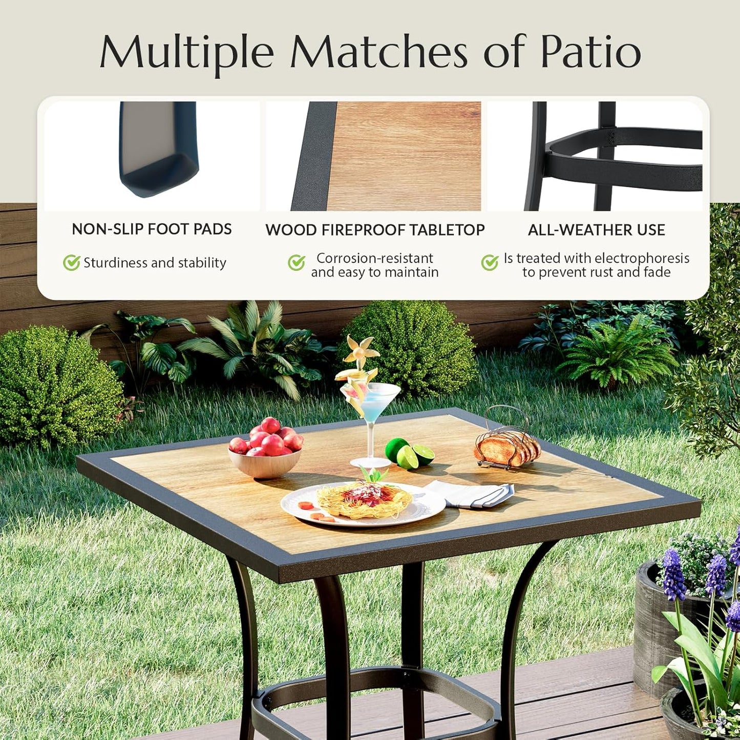 AECOJOY Outdoor Height Bar Table, 36'' Metal Frame Bar Table Bistro Square Table with Wooden Top, High Top Outdoor Pub for Patio Garden Lawn Poolside, Brown