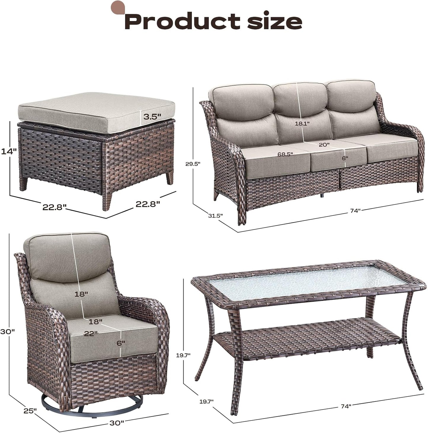 Wicker Outdoor Patio Furniture Set - 6 Piece Patio Conversation Sets with Swivel Rocker Chairs, Ottomans, Sofa and Table, 6 inch Cushions, Deep Seating, for Porch Deck Brown/Beige