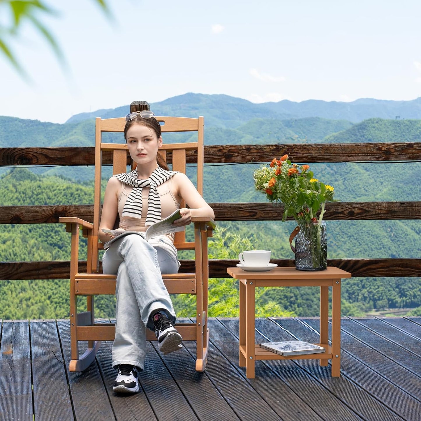 Adirondack Square Side Table - 18.4" Large Panel HDPE Outdoor End Table - Weatherproof, Rustproof & Low Maintenance for Patio, Lawn, Pool, Indoor Use (Teak)