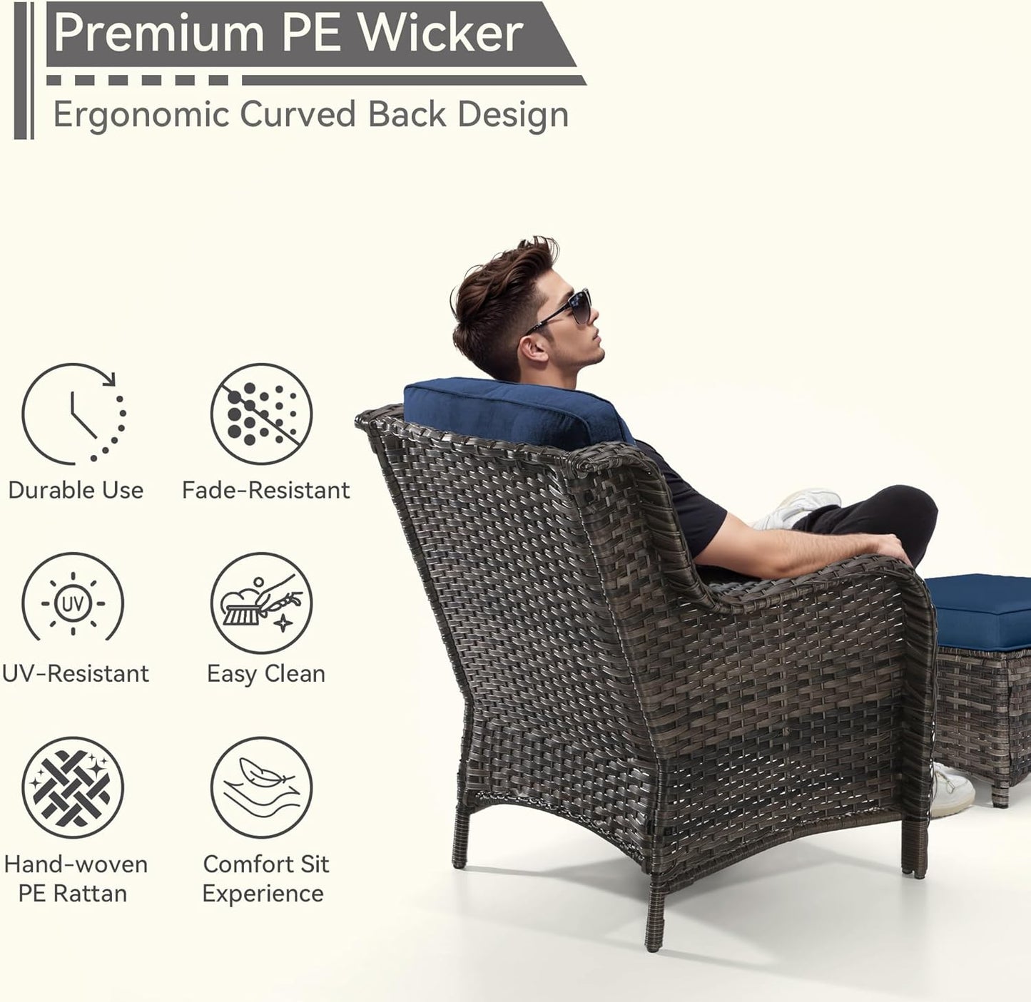 4 Pieces Patio Conversation Set, Wicker Chairs Set of 2 and Two Ottomans with 3.5-inch Seat Cushions, High Back and Curved Armrest for Backyard, Balcony and Deck, Blue