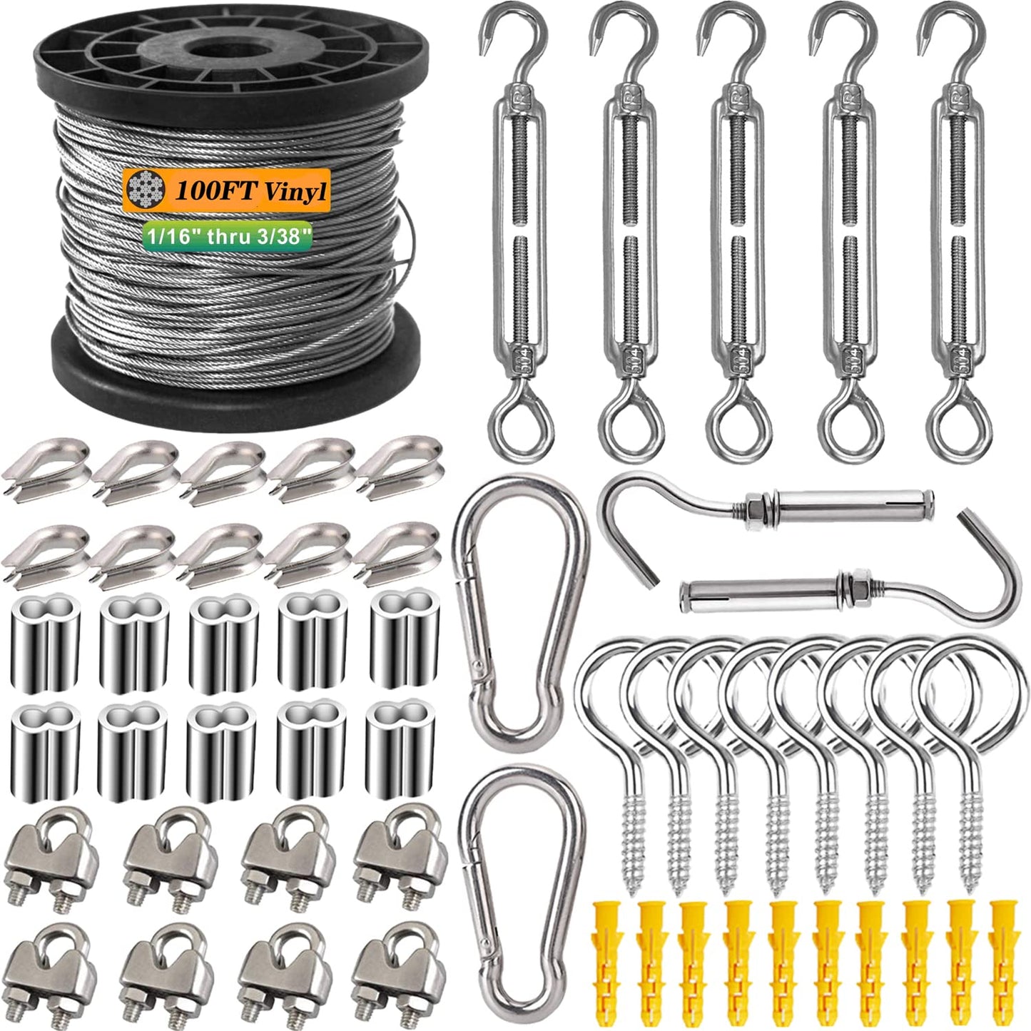 1/16 Inch 304 Stainless Steel Wire Rope Kit - 100ft 7x7 Strand Core Vinyl Coated Aircraft Cable with Turnbuckles for Outdoor String Lights Hanging, Garden & Guy Wire Support