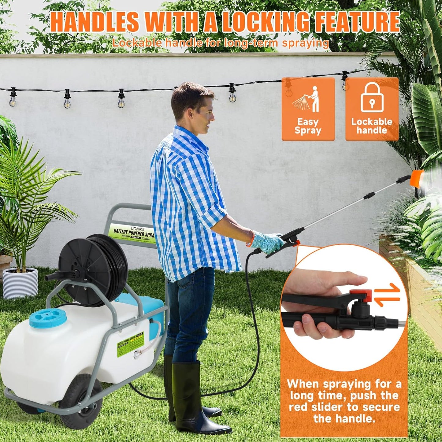 24 Gallon Battery Powered Sprayer with Wheeled Cart,0-90PSI,5-6h Spray Time,164FT Hose with Reel,Adjustable HD Wand and 10 Nozzles, Rotating Wheels with Brake for Lawn & Garden Spraying,Cleaning