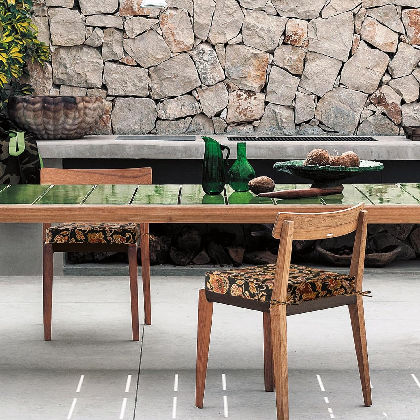 Square Corner Seat Cushions, 19" x 19" x 3", Set of 4, Indoor Outdoor Water Repellent Universal Chair Pads with Ties for Patio Furniture, Garden Deck Dining Chairs, Red Yellow Vine Flower