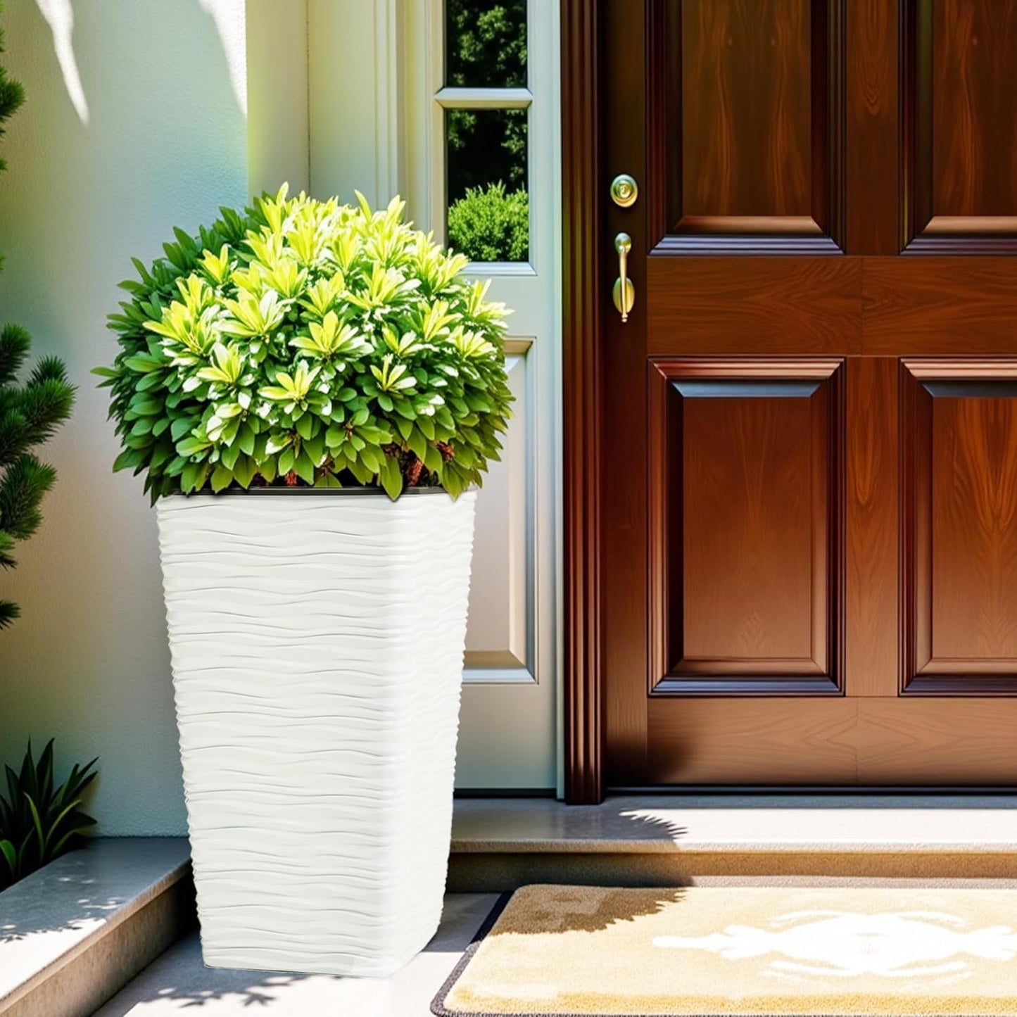 Worth Garden 2-Pack 22" H. White Square Tapered Planter with Inside Pots - Plastic Plant Pots for Indoor Outdoor - Modern Wavy Finish Decorative Flower Pots for Front Porch Containers Patio Deck