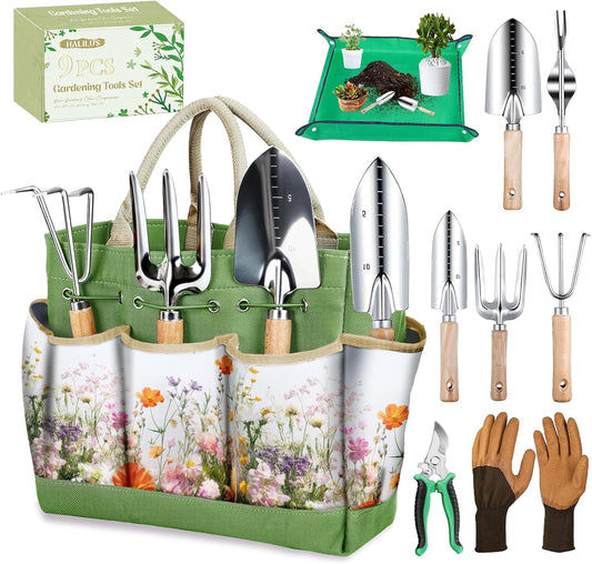 Garden Tools 9-Piece Heavy Duty Gardening Hand Tools with Floral Organizer Tote Bag, Rust-Proof Garden Tool Set, Thickened Repotting Mat, Gardening Gifts for Women Mom, Green