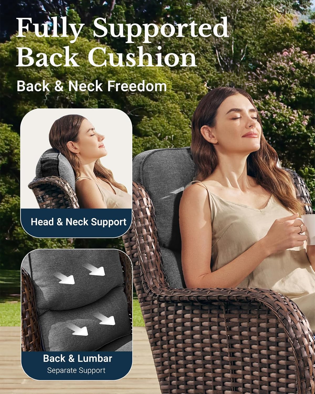 HILLGA Luxury Outdoor Swivel Rocker Patio Chairs of 2 with 6 Inch Thick Cushions and Side Table, Swivel Outdoor Chairs 3PCS High Back Wicker Patio Furniture Set for Porch, Balcony, Deck in Dark Grey