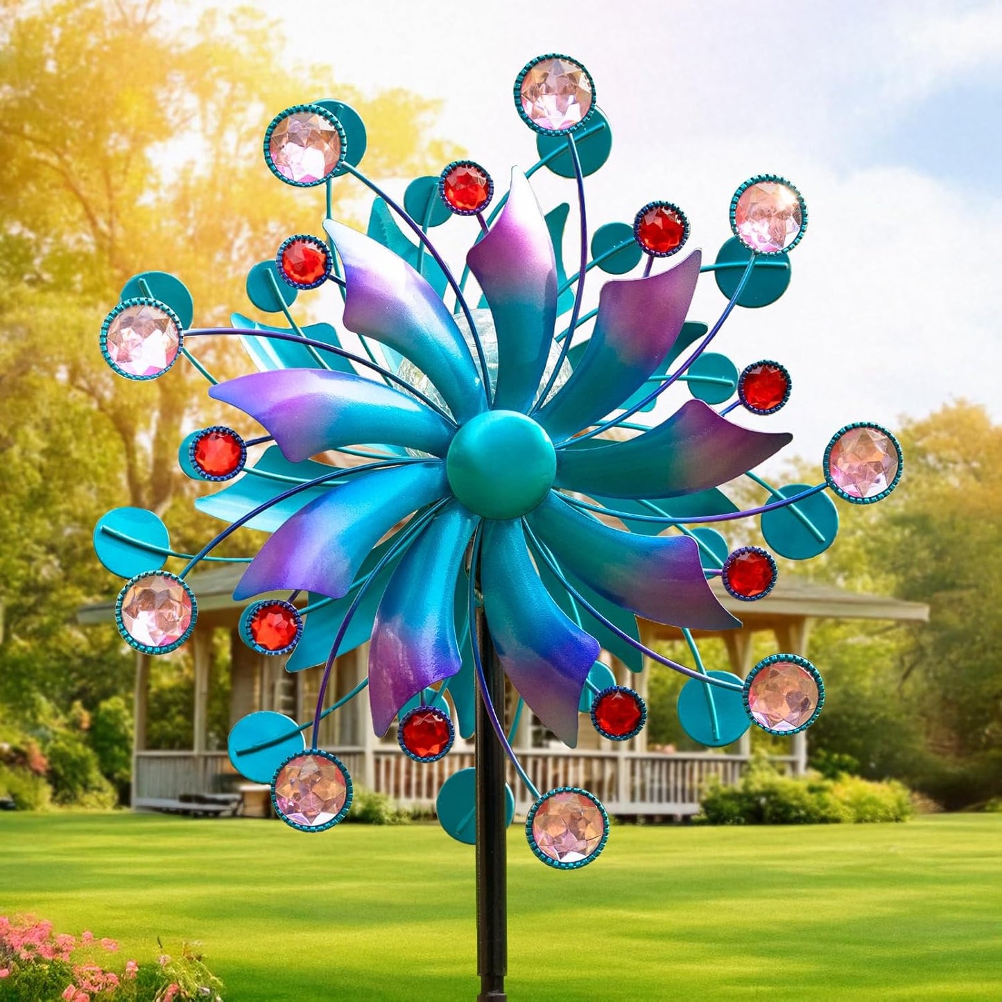 360°Solar Wind Spinner with Lights Blue Metal Garden Outdoor Decor Yard Lawn Art Decor for Patio Kinetic Windmills Unique Gifts for Friends and Family 60.63'' H x 13.38'' Dia