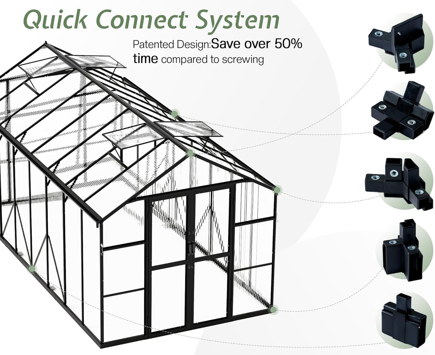 Jocisland 8x16x7.5 FT Polycarbonate Greenhouse with Quick Connectors, Outdoor Aluminum Greenhouses with Ventilation and Rain Gutter, Large Walk in Greenhouse for Backyard Garden, Black