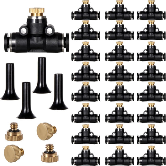24 Pack Brass Misting Nozzles Outdoor Cooling System with 24 Heavy Duty Mister Nozzle,24 Tees,4 Brass Plugs,4 Black Plugs for Outdoor Cooling System