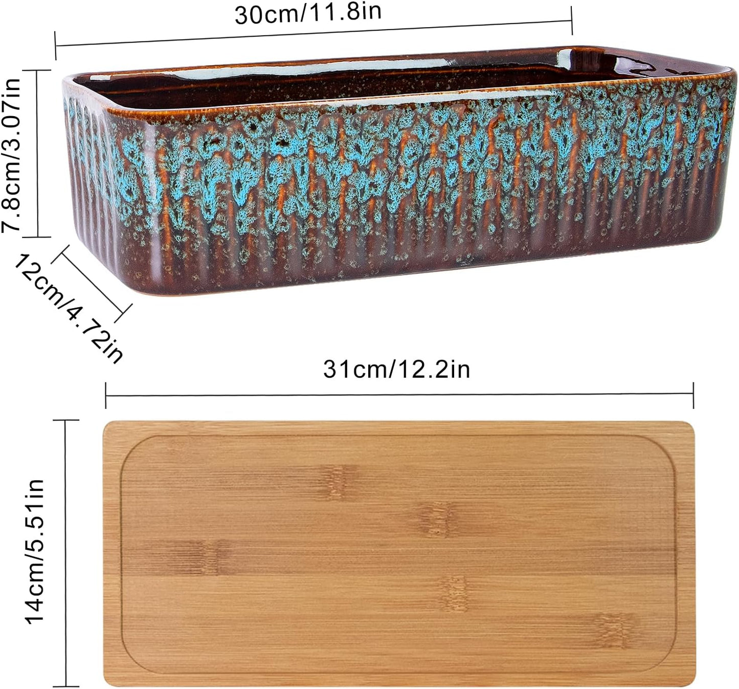 Succulent Pots - 12 Inch Large Succulent Planters with Drainage Tray, Window Sill Planter, Long Rectangle Ceramic Pots for Indoor Cactus Plants Shallow Bonsai Window Box for Home Garden Decor