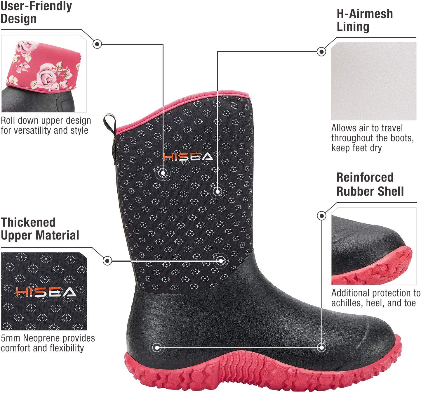 HISEA Women's Rubber Garden Boots Waterproof Insulated Yard Gardening Shoes Mid Height for Mud Working Outdoor