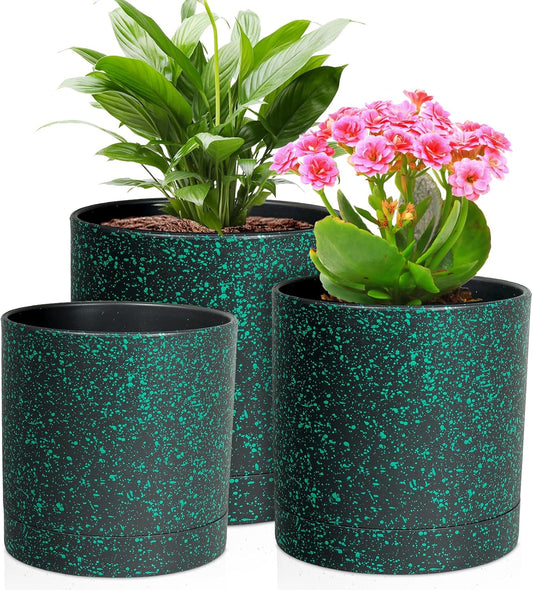 6/5/4 inch Plant Pots, 3 Pack Cylinder Flower Pots for Small Indoor Outdoor Plants, Plastic Planters with Drainage Holes and Saucers for Garden Succulent Plants, Black with Green Speckles