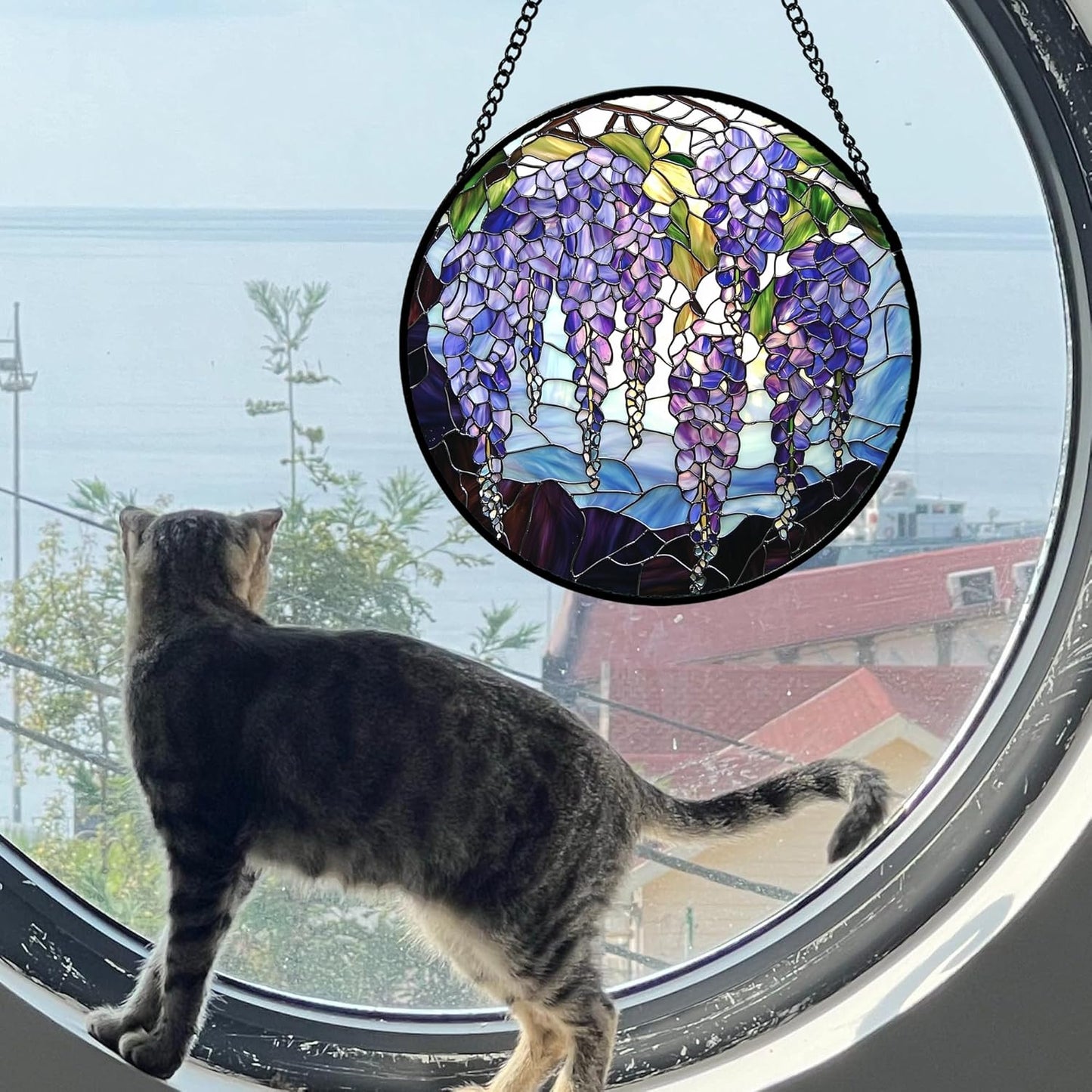 Stained Glass Window Hanging, Purple Wisteria Flowers Suncatcher for Doors Window Home Plant Sun Catchers Decoration Mother's Day Birthday Gifts for Women, Men, and Mom 7.8x7.8 in