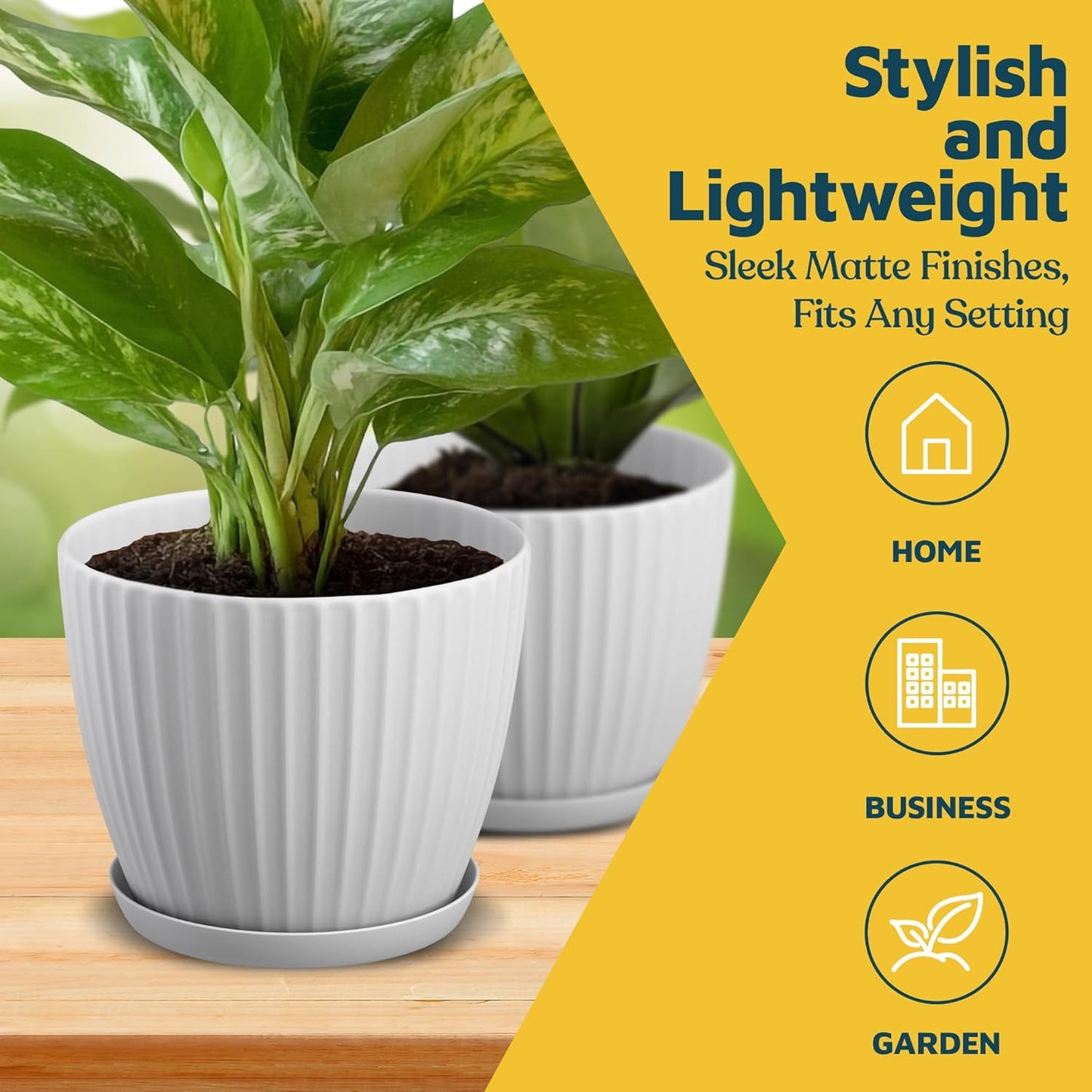 White 6-Inch Plant Pots with Drainage & Saucers 6 Pack, Indoor & Outdoor Planters for Houseplants, Herbs, and Flowers, Durable & Weatherproof Material, Stackable, Lightweight, Minimalist Design