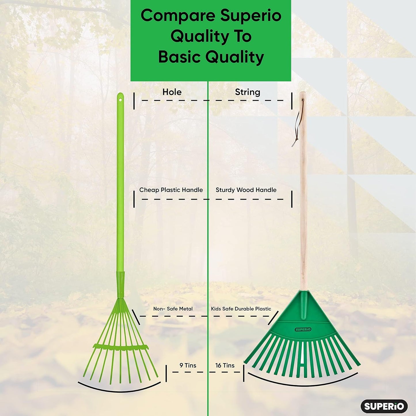 Superio Kids Rake with Hardwood Handle, Gardening and Lawn Care Tools for Kids, Sweep Leaves and Tidying Up The Garden, Plastic Tines and Heavy Duty Wooden Handle 34" 3 Pack
