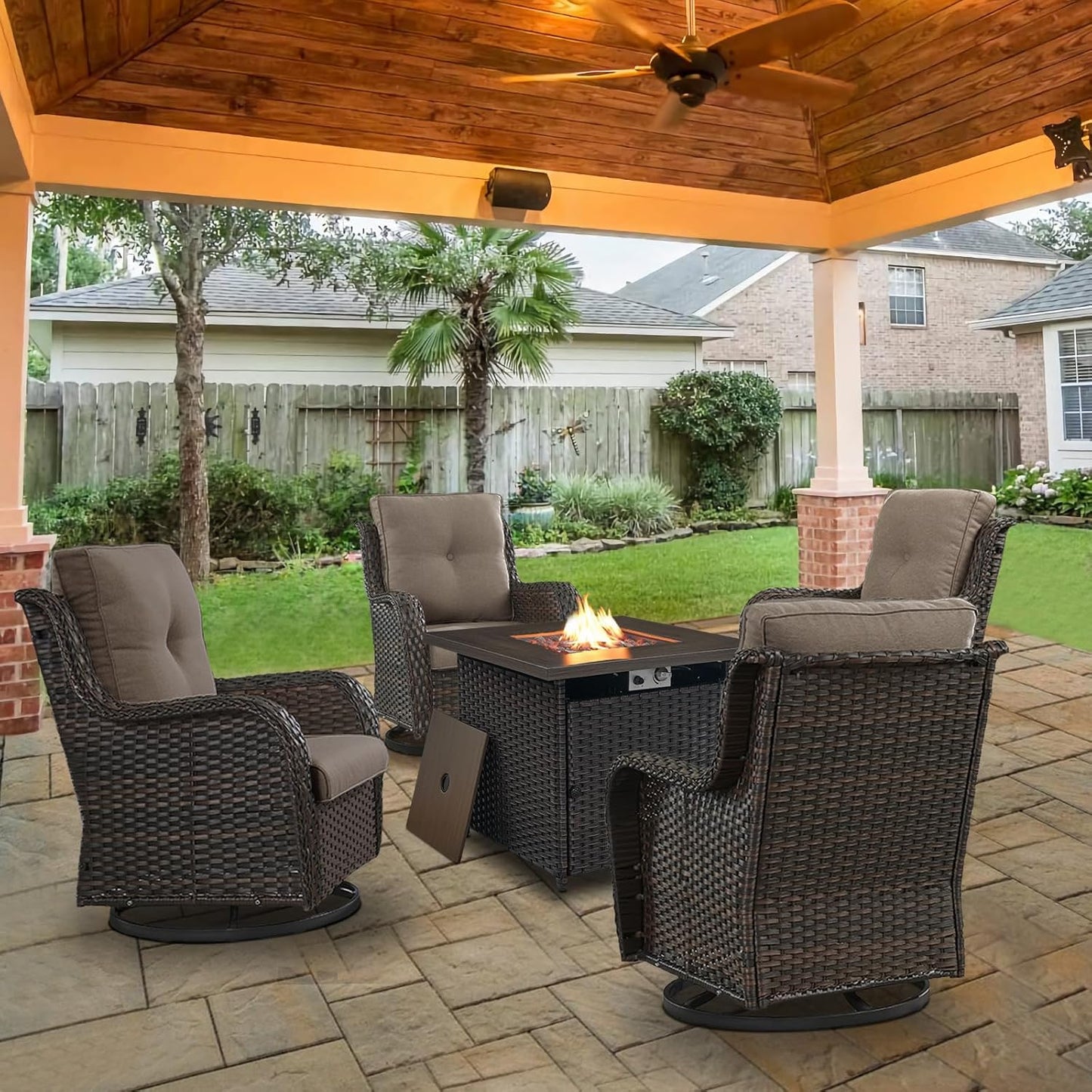 5 Pieces Patio Wicker Furniture Set - 4 Outdoor Swivel Rocker Glider Chairs with Propane Fire Pit Table, Warm Patio Conversation Set Grey Cushion Perfect for Casual Gathering