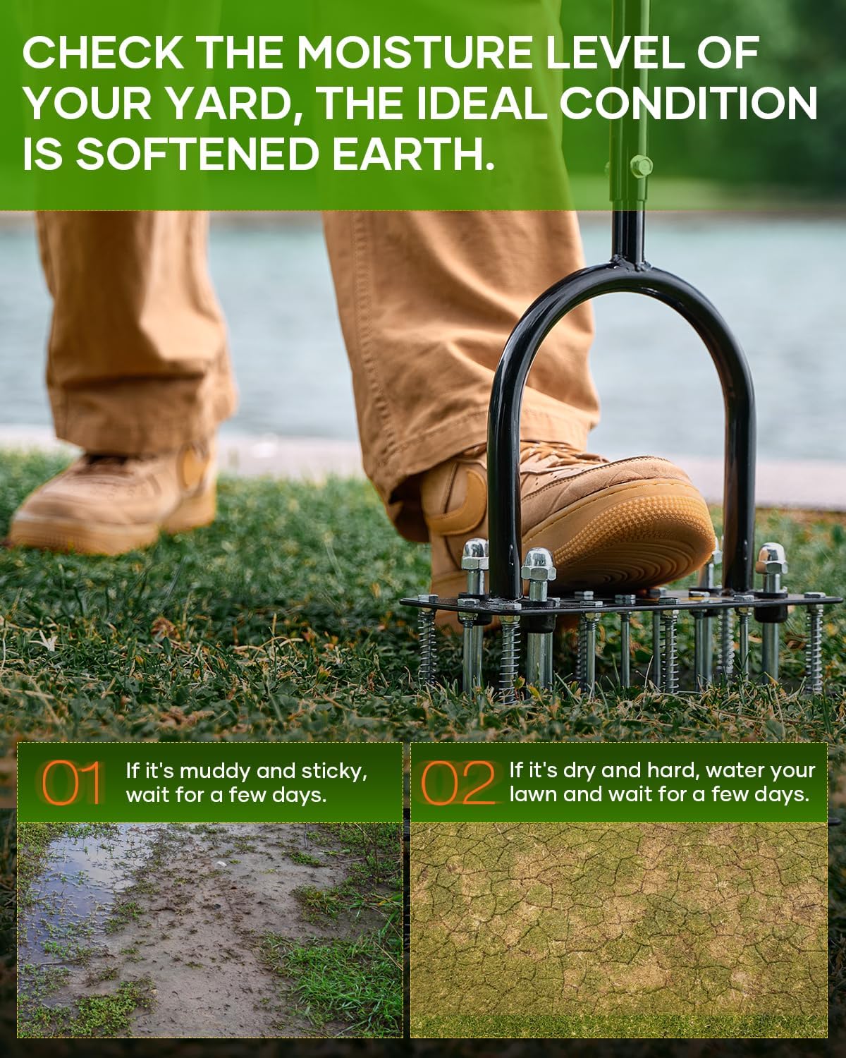 Saker Lawn Aerator Tool, Lawn Aerator with 15 Iron Spikes, Automatic Leaf and Dirt Cleaning with Spring-Loaded Design, Metal Manual Aerator for Loosening Soil Aerating Patio, Yard, Garden Orange