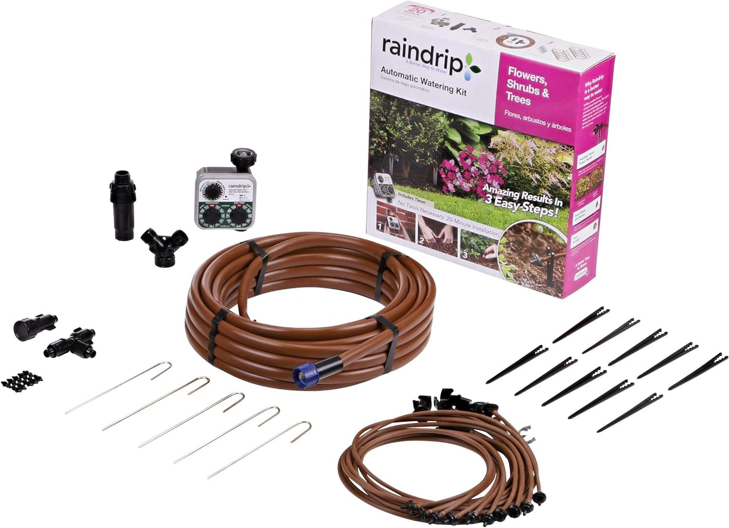 Raindrip SDFSTH1P Automatic Drip Irrigation Watering Kit with Timer for Flowers, Shrubs, and Trees, Waters up to 10 Plants, Includes Timer with Customizable Settings, 2 GPH Drippers
