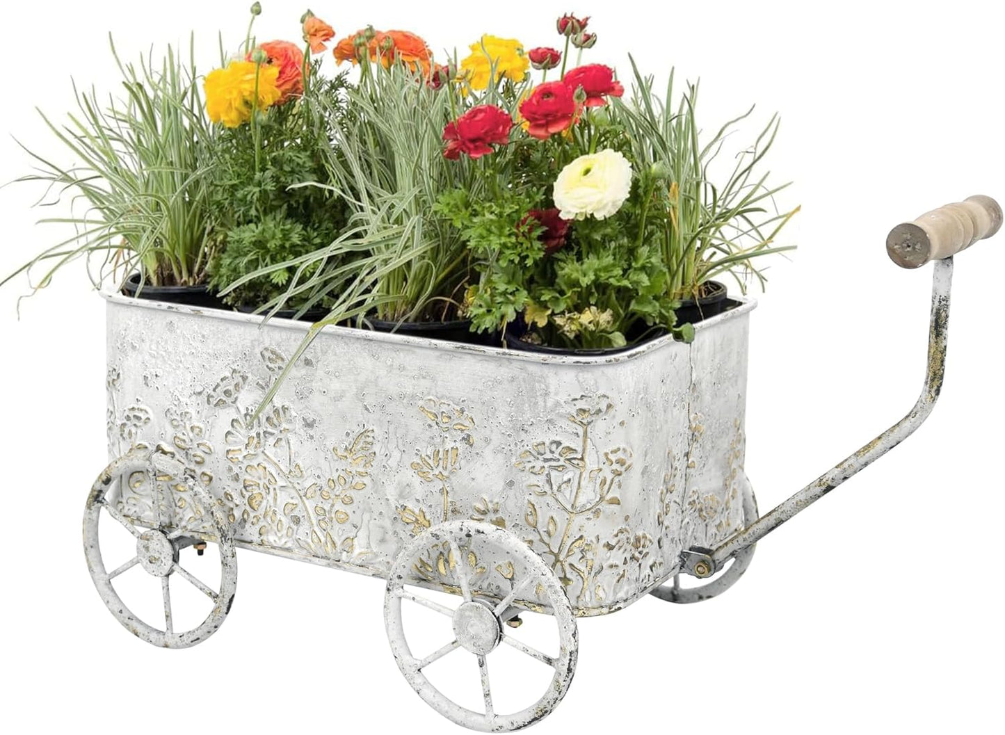 Flower Cart with Wooden Handles, Metal Wagon Planters for Outdoor Plants, Garden Planter with Wagon Wheels, Decorative Wheelbarrow, Plant Cart for Patio Garden Balcony (White)