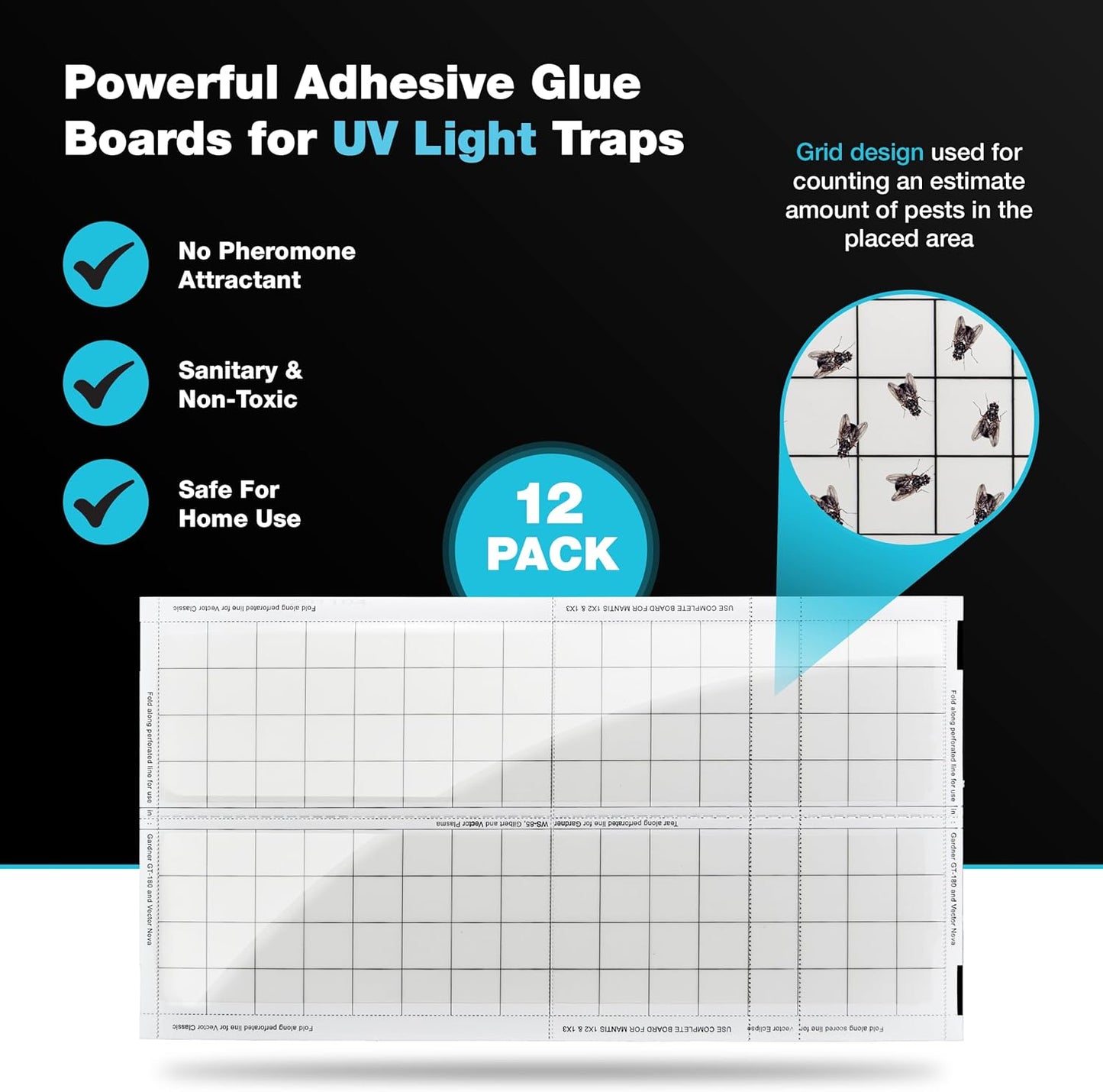 Catchmaster Vector Universal Replacement Glue Boards White, UV Light Fly Trap for Home, Unscented Gnat Traps for House, UV Lamp Insect & Mosquito Killer Refill, Adhesive Bug Light Boards, 12-Pack