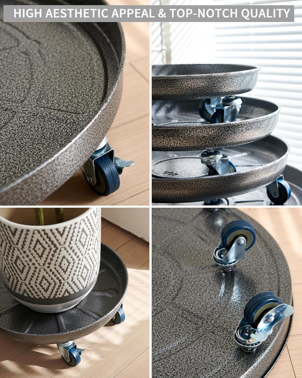 Choclaif Plant Caddy with Wheels,2 Pack Silver Heavy Duty Plant Stand with Universal Wheels,Round Pot Trolley for Indoor Outdoor 14inch