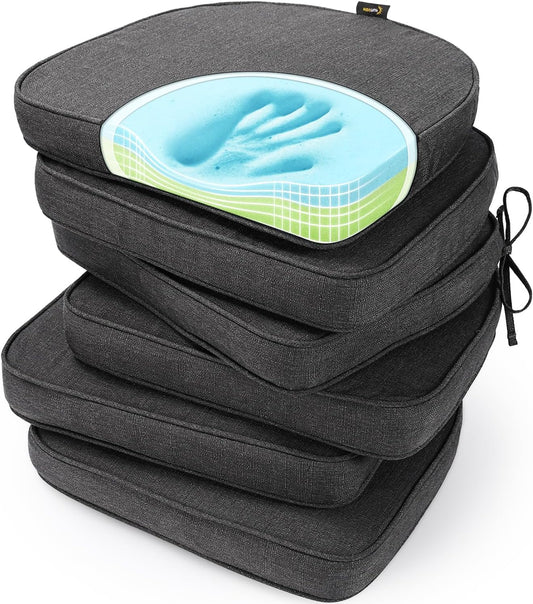 SUNROX Gel Memory Foam Chair Cushions, FadeShield Water-, Stain-Resistant Durable Reversible Seat Cushion Pads with Ties for Indoor/Outdoor Kitchen Dining Office 17"x16" Set of 6, Midnight