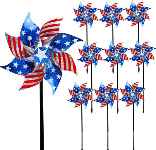 Hausse 10 Pack Reflective Pinwheels Patriotic Decorations, American Flag on Stick Wind Spinner with Stake for Independence Day, Memorial Day July of 4th Party Supplies, Scare Birds Repellent Devices