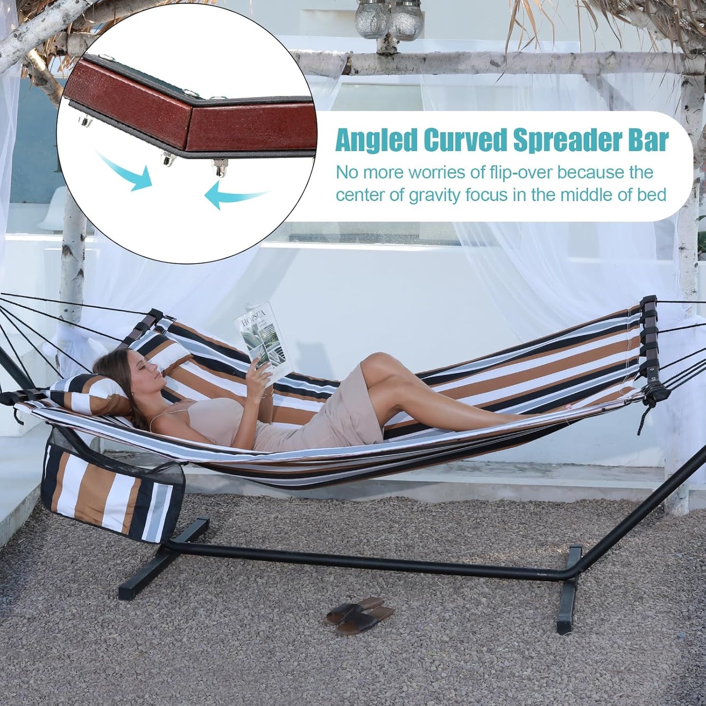 TegerDeger 12FT 2 Person Hammock Large Hammock 450LB Capacity with V Shaped Hardwood Spreader Bar & Nylon Rope for Outside, Patio, Garden, Backyard, Beach, Poolside - Coffee Stripes