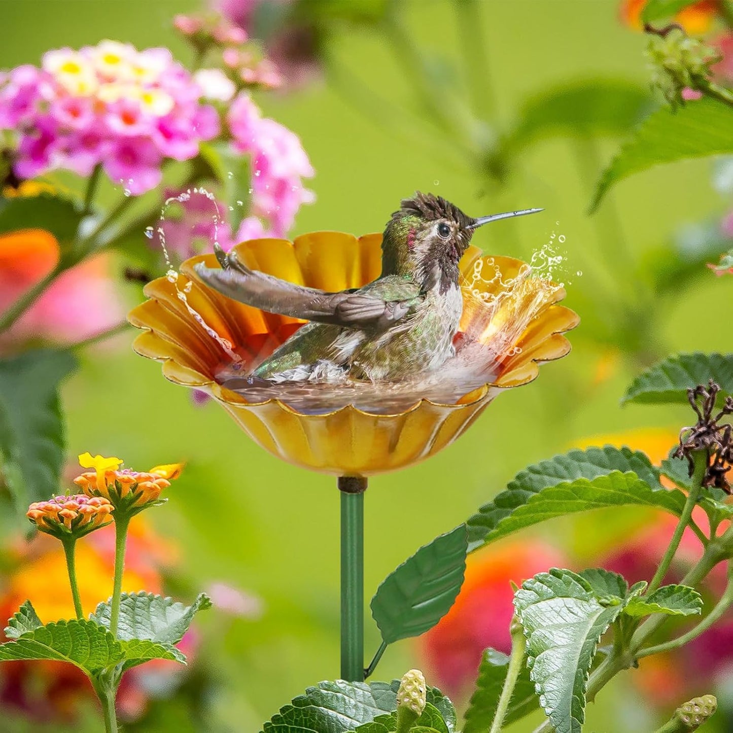 Large Bee Watering Station 2 Pack - Bee Bath for Garden Metal Butterfly Feeders Bowl with 5.32'' Flower Design Bird Bath for Outside Outdoors Garden Decor (Blue,Yellow)