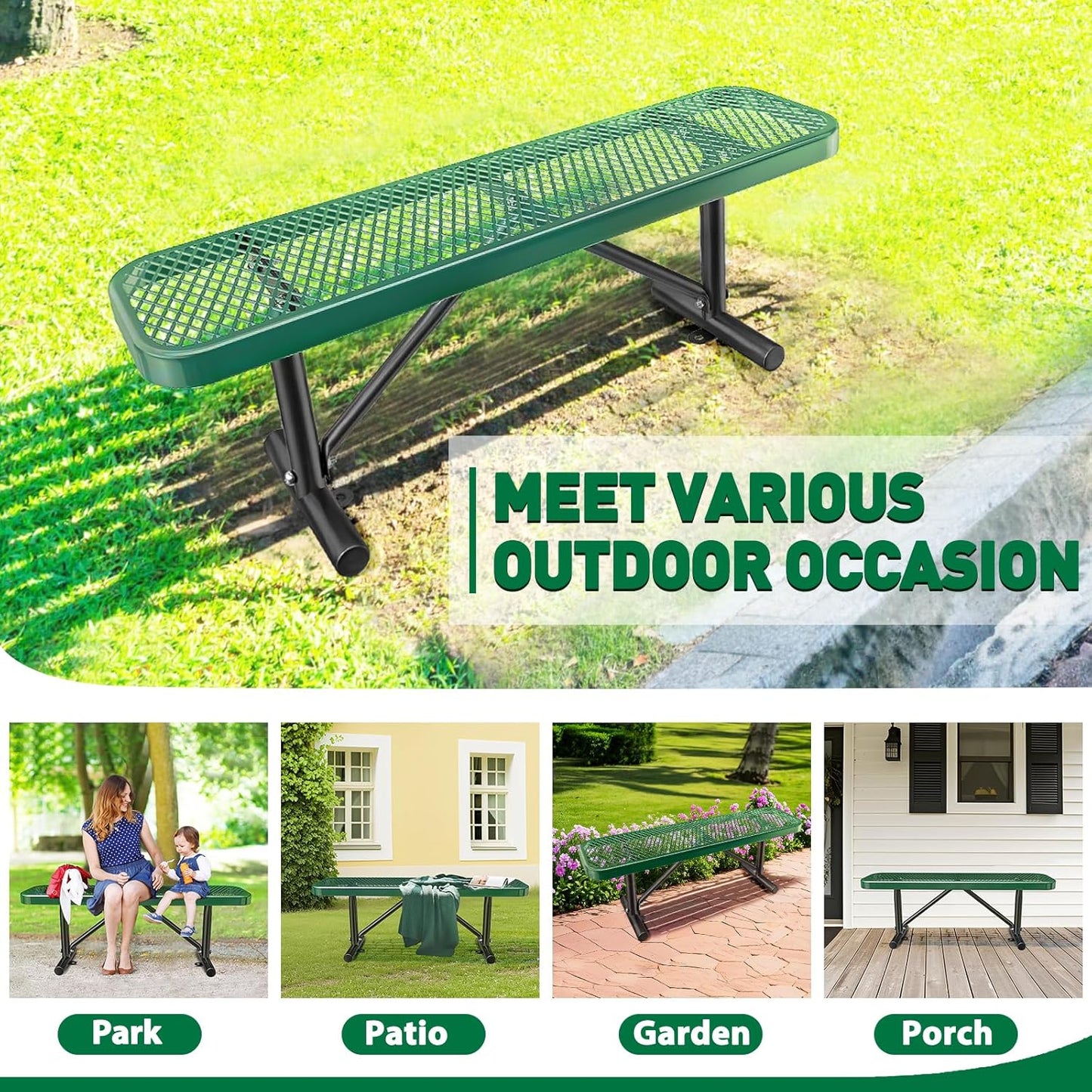Heavy-Duty Park Bench or Table for Outside - Black Coated Outdoor Furniture Steel Bench, Commercial-Grade Outdoor Benches Weatherproof for Park, Patio, Porch (Green, 4FT (Without Backrest))