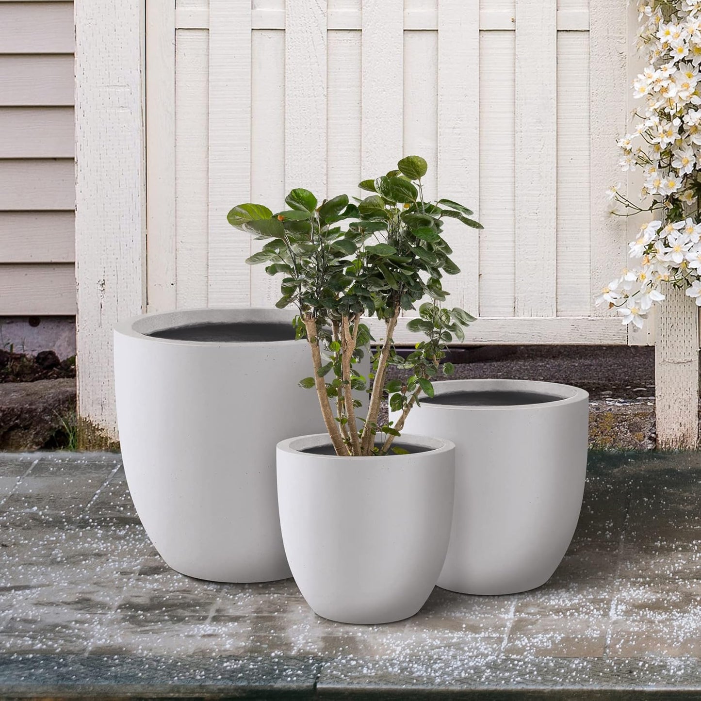Kante 18",14",10" Dia Concrete Round Planters (Set of 3), Outdoor Indoor Large Planter Pots with Drainage Hole for Home Patio Garden, Pure White
