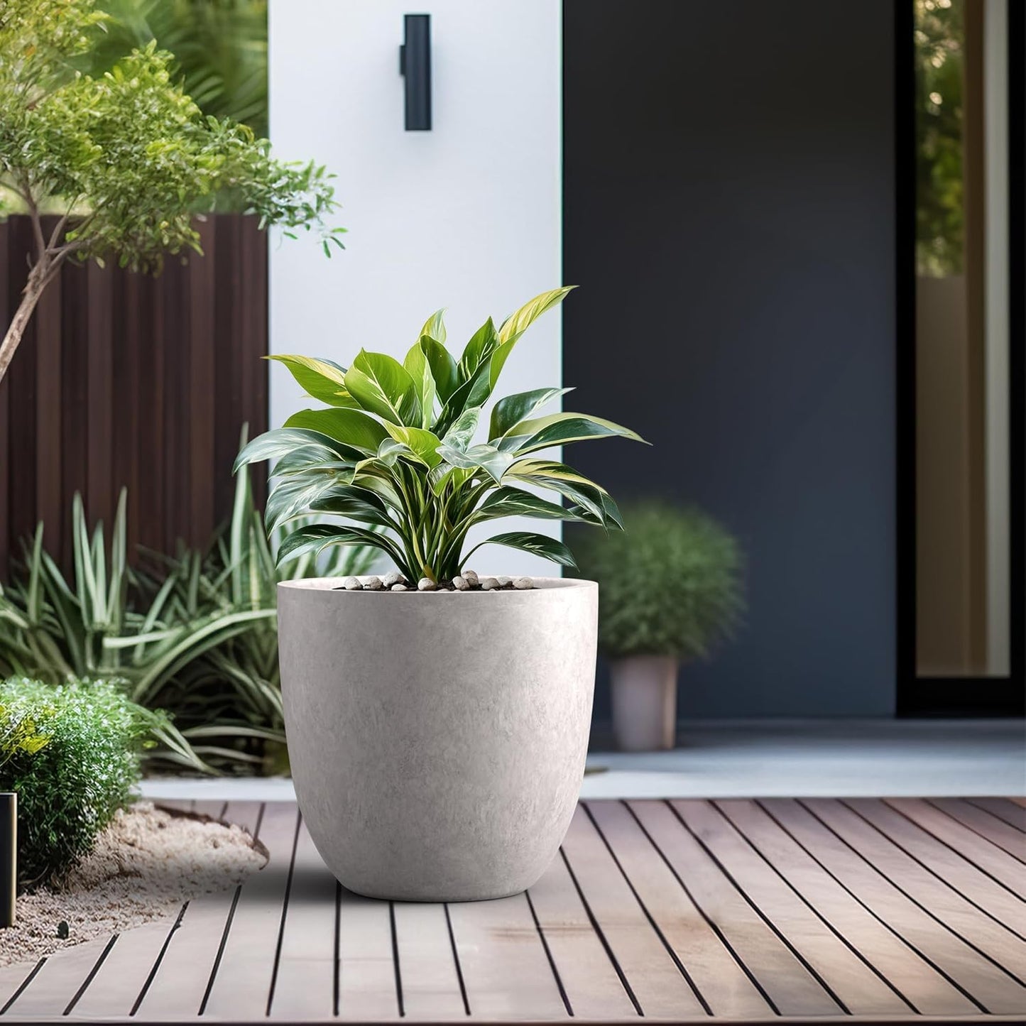 Kante 18 Inch Dia Round Concrete Planter, Indoor Outdoor Large Plant Pot with Drainage Hole and Rubber Plug for Home Patio Garden, Light Gray