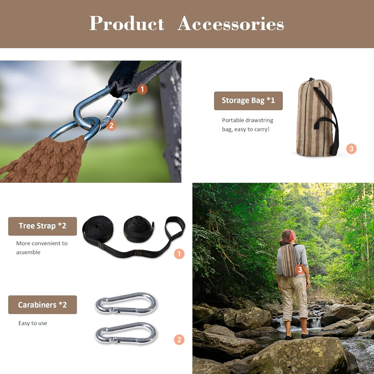 SUNCREAT Hammocks Double Hammock with Curved Spreader Bar, Outdoor Camping Portable Hammock with Carrying Bag & Tree Straps for Patio, Backyard, Balcony, Max 450lbs Capacity, Brown