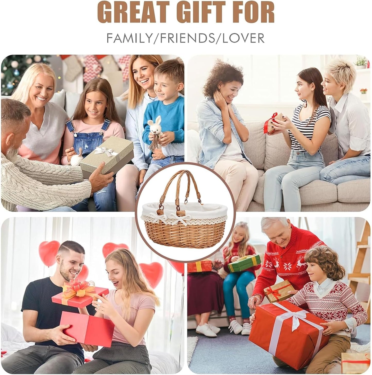 G GOOD GAIN Oval Picnic Basket with Folding Handles, Willow Hand Woven Shopping Basket, Bath Toy Kids Toy Storage Gift Packing Basket, Wicker Empty Easter Eggs and Candy Small Gift Basket.Cream