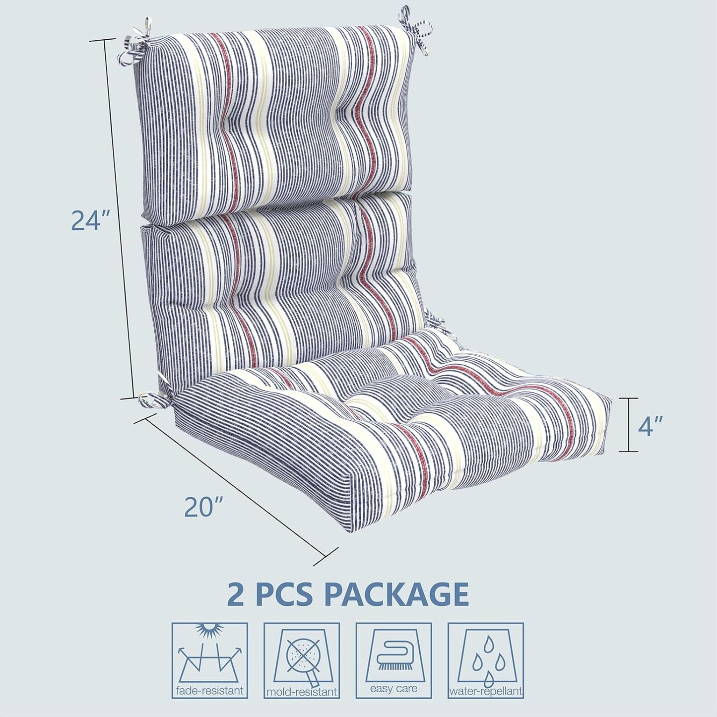 LVTXIII Outdoor Tufted High Back Cushions Set of 2 Patio Seasonal Replacement Rocking Chair Cushion with Ties, Solid Seat and Back Chair Cushion, (44” L x 22W”, Stripe Denim Blue)
