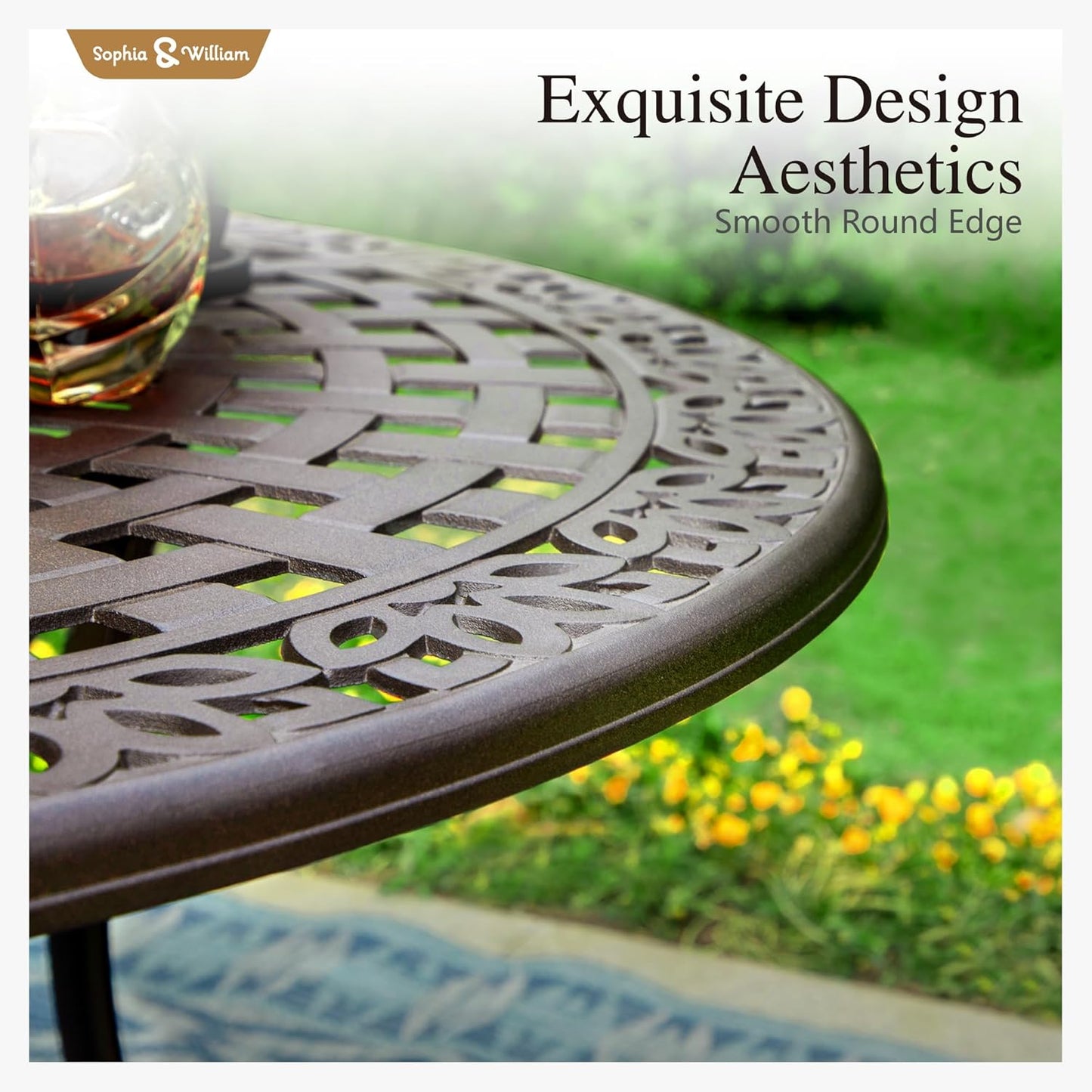 Sophia & William 7 Pieces Cast Aluminium Patio Dining Furniture Set for 6, Outdoor Swivel Rocking Chairs and Round Table with 2.2" Umbrella Hole for Porch Backyard Deck, Bronze